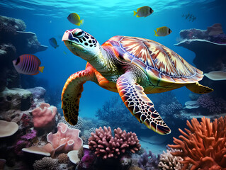 Fototapeta na wymiar A turtle swims over colorful corals in the ocean