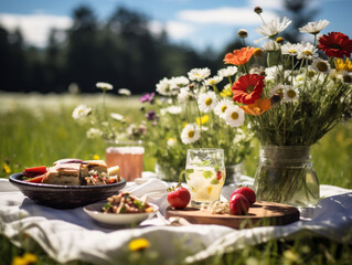 Group enjoying outdoor meal among vivid, blooming flowers in a vintage 1950s-style pastoral setting.