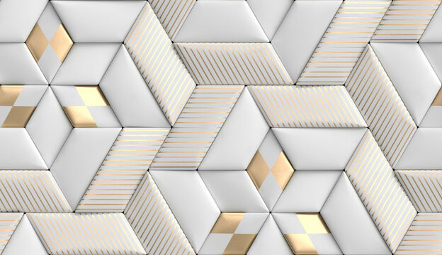 Fototapeta 3D soft geometry of high quality tiles with realistic texture made from white leather with golden decor stripes and rhombus
