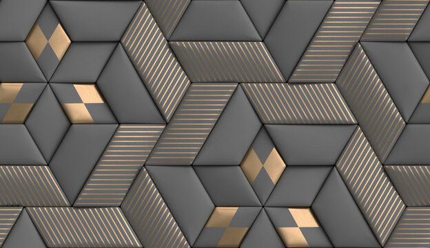 3D soft geometry of high quality tiles with realistic texture made from gray leather with golden decor stripes and rhombus
