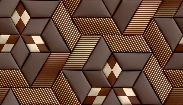 3D soft geometry high quality realistic texture tiles made from brown and golden leather with golden decor stripes and rhom