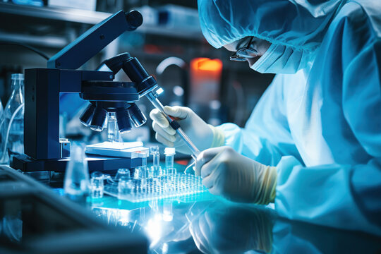 Scientist works with equipment in medical lab, researcher wearing ppe suit in modern laboratory. Worker performs test. Concept of cancer, research, drug, virus