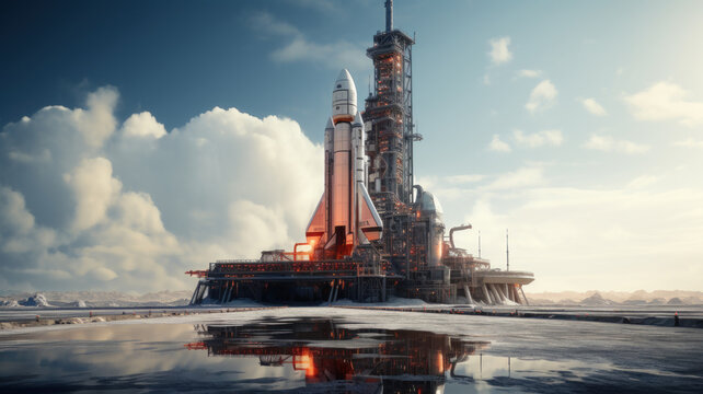 Space rocket is on launch pad before start, spaceship on blue sky background. Concept of travel, technology, science, sls