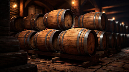 Wine cellar with vintage wooden barrels, old warehouse in underground of winery. Old oak casks with whiskey and rum in dark storage. Concept of vineyard, viticulture, winemaking - obrazy, fototapety, plakaty