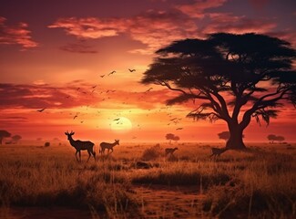Amazing sunset and sunrise.Panorama silhouette tree in africa with sunset.