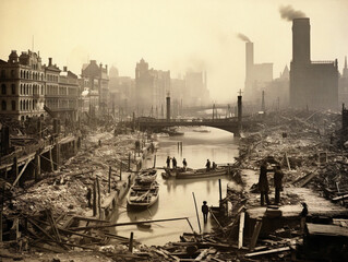 Historical depiction of the devastating Great Chicago Fire, 1871; fiery inferno ravages city structures, chaos ensues.