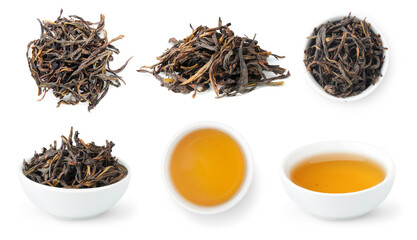 Feng Huang Dan Cong, Fenix Dang Cong Oolong, collection of loose leaves and bowls of brewed Chinese...