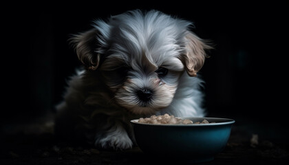 Cute puppy sitting, looking at camera, with black background generated by AI