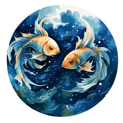 Sternzeichen Fische Aquarell Kunstwerk mit blauen Fischen im Kreis - obrazy, fototapety, plakaty