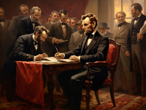 Historic Emancipation Proclamation signing image depicting Lincoln freeing slaves, a pivotal moment in American history.
