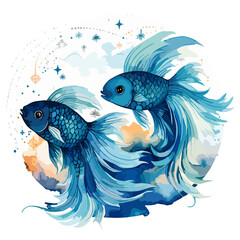 Sternzeichen Fische Aquarell Kunstwerk mit blauen Fischen im Kreis