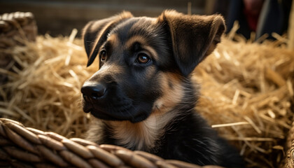 Cute puppy sitting outdoors, looking at camera, surrounded by hay generated by AI
