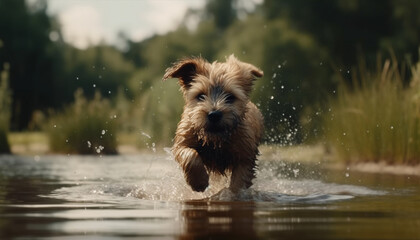 Cute puppy running, splashing in water, enjoying the outdoors generated by AI