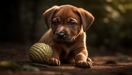 Cute puppy playing with a toy in the green grass generated by AI