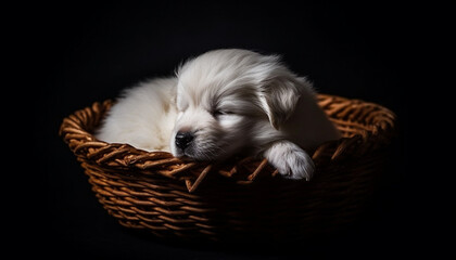 Cute puppy sleeping in a basket, fluffy and adorable generated by AI