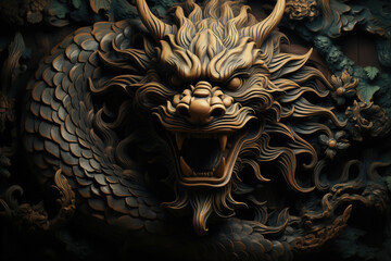 Generative AI image of Intricate Wooden Dragon Carving