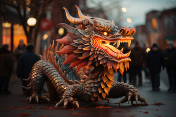 Generative AI image of a Chinese dragon among pedestrians