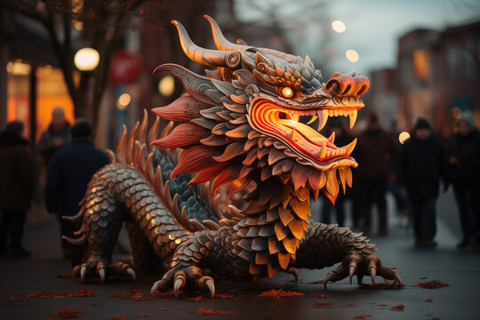 Generative AI image of a Chinese dragon among pedestrians