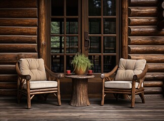 two wood chairs on the porch of a log cabin