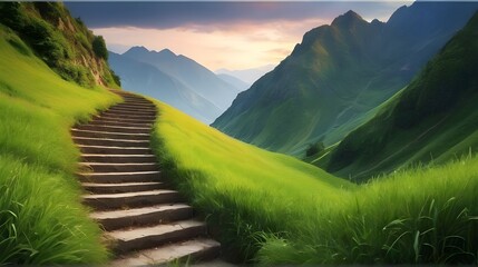 Beautiful Nature Hill Mountain Grass stairs High Quality Full HD 4k, 8K Wallpaper Background