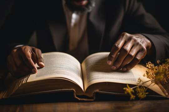 Generative AI illustration of close-up of a black anonymous person hands gently turning the pages of an open book on table with a warm light overhead