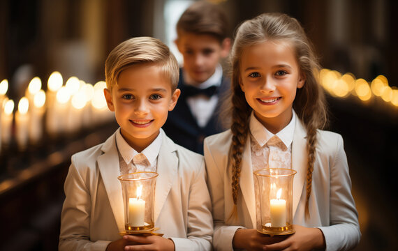 Generative AI Illustration Of Two Young Children A Boy And A Girl Dressed In Formal Attire Holding Candles In A Church Aisle Looking At Camera