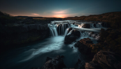 Fototapeta premium Majestic mountain range, tranquil waterfall, flowing water, autumn forest generated by AI