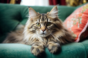 Generative AI image of majestic cat lounging on a green sofa