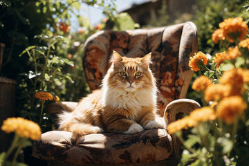 Generative AI image of serene cat lounging in garden chair
