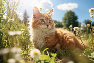 Generative AI image of peaceful cat basking in sunshine