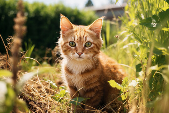 Generative AI image of an orange tabby cat in natural setting - Powered by Adobe