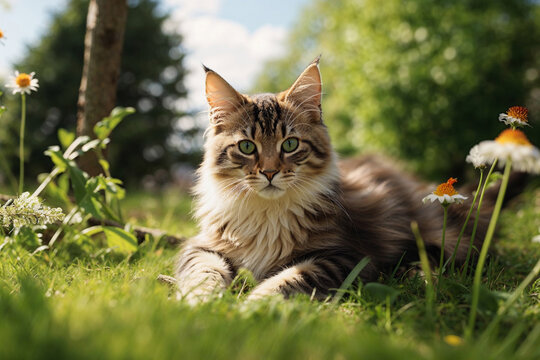 Generative AI image of a serene cat lounging in a sunny garden