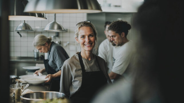 Confident female chef in a busy restaurant kitchen. Generative AI image