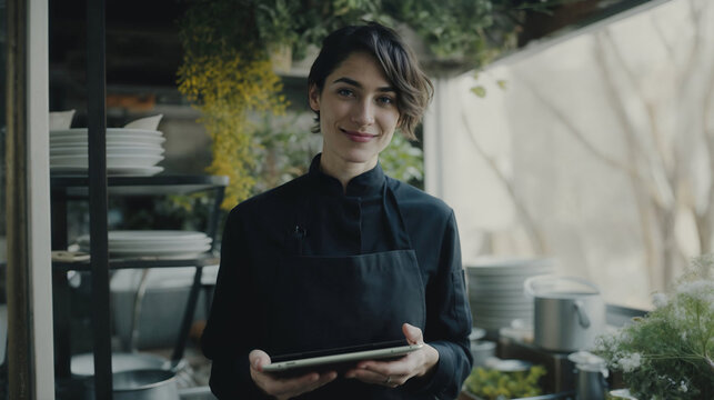 Confident female chef holding a digital tablet in kitchen. Generative AI image
