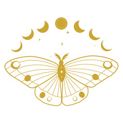 Night butterfly with phases of the moon. Gold moth isolated on a white background. Composition in celestial style. Vector illustration.