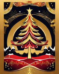 Art deco style Christmas card design with an x-mas tree framed by an ornate gold, black and red design