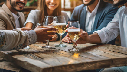 Friends having a great time in bar. Group of young people chatting and having a drink at the bar