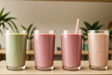 Different healthy fruits smoothies with straws laying on a wooden table bar