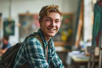 portrait of young student man smiling at camera during class in art school indoors