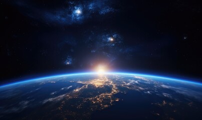 Sunrise over planet Earth, view from space.