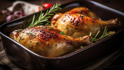 Grilled chicken leg on rustic homemade wooden plate, ready to eat generated by AI - obrazy, fototapety, plakaty