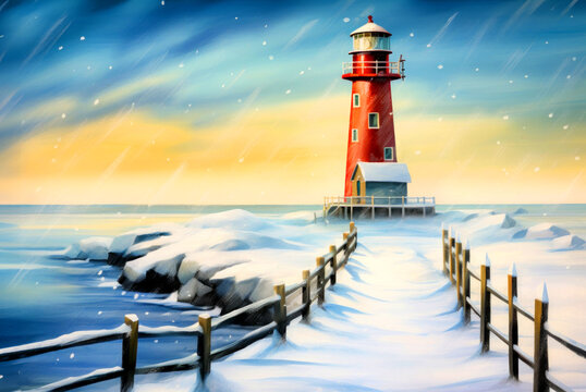 Dreamy view of a lighthouse with pier in a frosty, icy winter landscape. Watercolour illustration