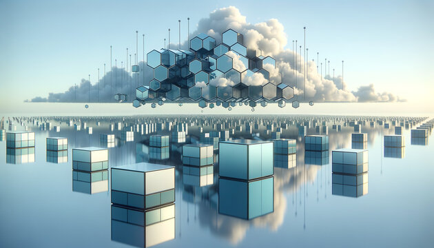 Data Lake: Serene water reflecting geometric shapes, embodying precision and modern technology.