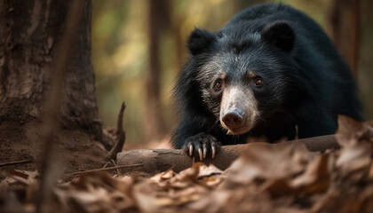 Cute puppy sitting in the forest, looking at the camera generated by AI