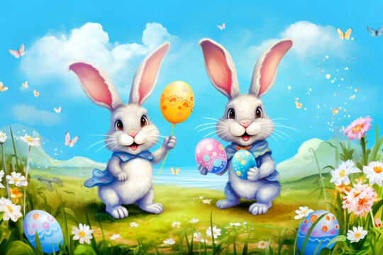 Happy Easter! Cute Easter bunnies playing in a meadow with Easter eggs, flowers - decoration concept for Easter greetings