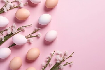 Pastel eggs on pink background. Top view. Minimalist modern Easter with flowers. Generative AI