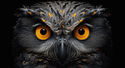 Big yellow eyes of a owl close-up. Great owl eyes looking at camera.