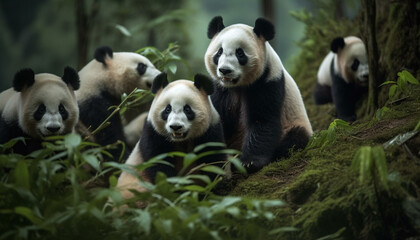 Cute giant panda eating bamboo in the forest generated by AI
