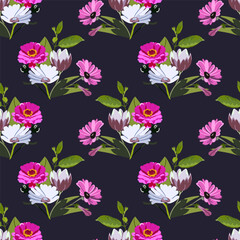 Floral seamless pattern on a dark blue background with bouquets of different flowers. Vector illustration