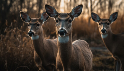 Naklejka premium Cute doe looking at camera in forest, surrounded by nature generated by AI